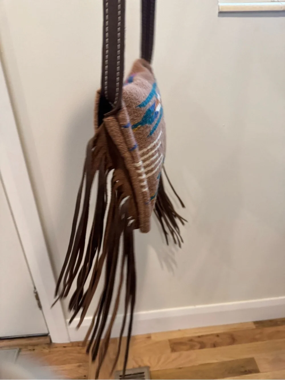 Southwestern Woven Wool Blanket Fringe Crossbody Bag with Rhinestone Concho